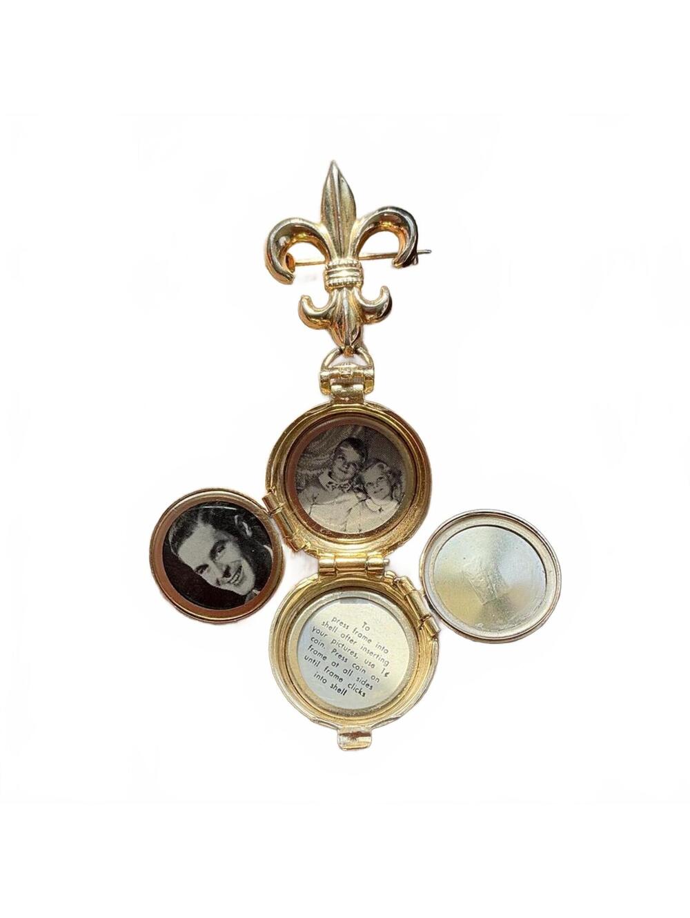 Vintage CORO Pegasus Enameled Fleur De Lis Mourning Locket Brooch w/ Old Photos